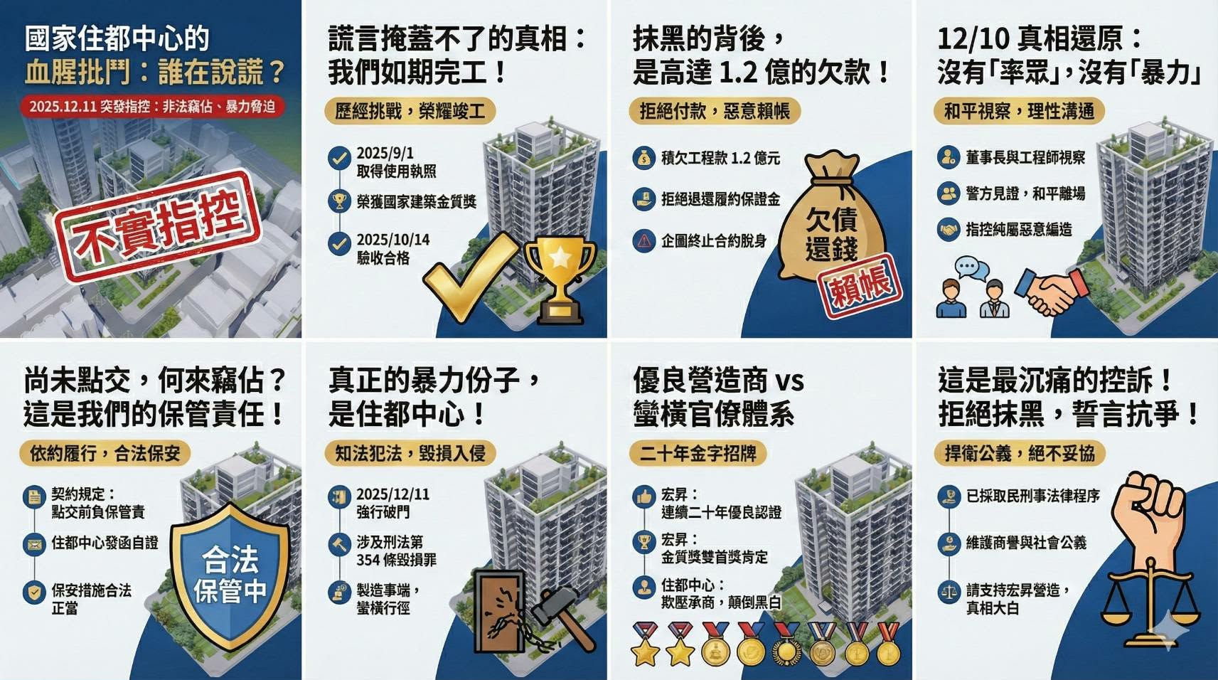 宏昇營造嚴正否認相關指控，並反指住都中心至今仍積欠新台幣 1.2 億元工程款 且拒絕依專管單位建議驗收合格後解除履約保證責任 已嚴重侵害承商權益